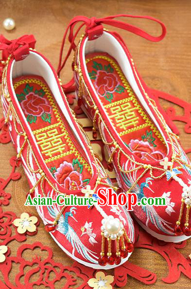 China Wedding Shoes Traditional Hanfu Shoes National Embroidered Phoenix Red Cloth Shoes
