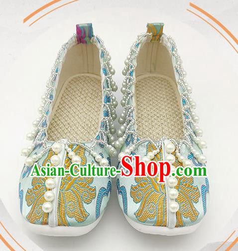 China Handmade Light Blue Brocade Shoes Traditional Song Dynasty Princess Shoes Classical Pearls Shoes