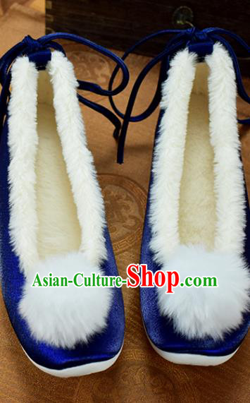 China National Royalblue Cloth Shoes Traditional Hanfu Shoes Winter Venonat Shoes