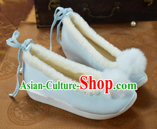 China National Light Blue Cloth Shoes Traditional Hanfu Shoes Winter Venonat Shoes Women Shoes