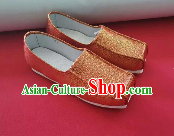 Chinese Handmade Orange Satin Shoes Traditional Song Dynasty Scholar Hanfu Shoes Ancient Official Shoes