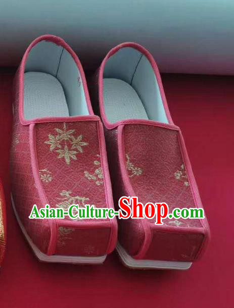Chinese Traditional Song Dynasty Scholar Hanfu Shoes Ancient Official Shoes Handmade Wine Red Satin Shoes
