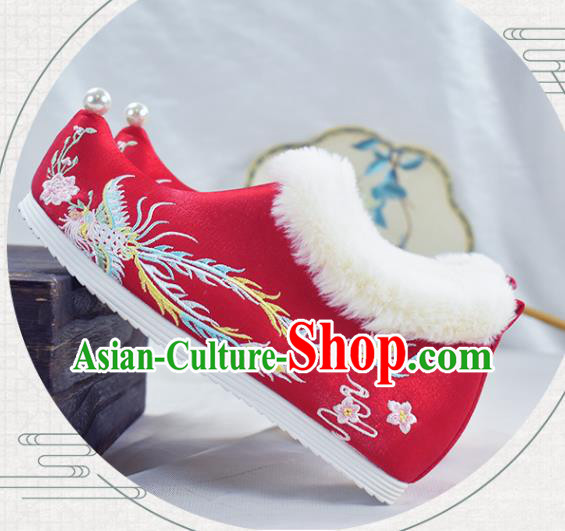 China Traditional Winter Shoes Women Hanfu Shoes National Embroidered Phoenix Shoes Red Cloth Shoes