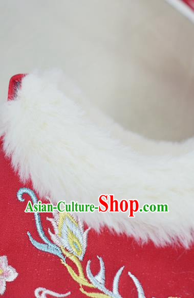 China Traditional Winter Shoes Women Hanfu Shoes National Embroidered Phoenix Shoes Red Cloth Shoes
