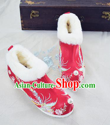 China Traditional Winter Shoes Women Hanfu Shoes National Embroidered Phoenix Shoes Red Cloth Shoes