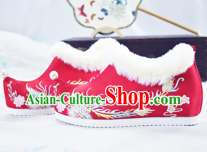 China Traditional Winter Shoes Women Hanfu Shoes National Embroidered Phoenix Shoes Red Cloth Shoes