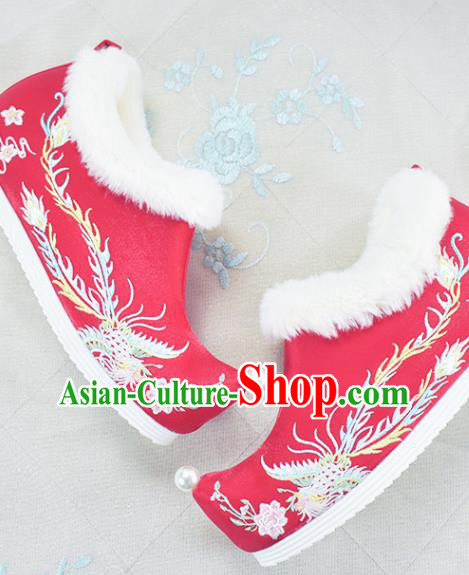 China Traditional Winter Shoes Women Hanfu Shoes National Embroidered Phoenix Shoes Red Cloth Shoes