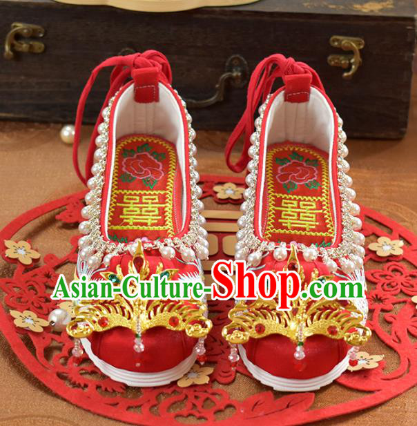 China Wedding Shoes Traditional Xiuhe Suit Red Cloth Shoes Women Golden Phoenix Shoes