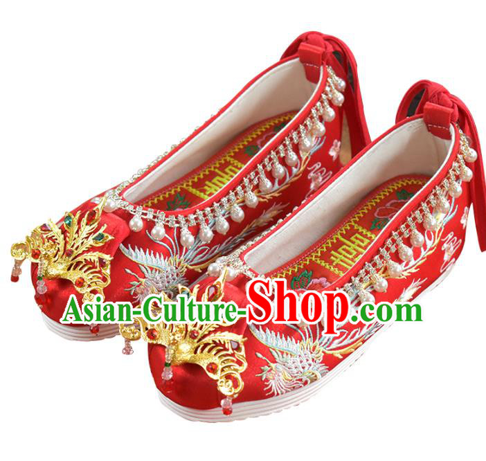 China Wedding Shoes Traditional Xiuhe Suit Red Cloth Shoes Women Golden Phoenix Shoes