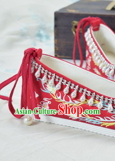 China Wedding Shoes Traditional Xiuhe Suit Red Cloth Shoes Women Golden Phoenix Shoes