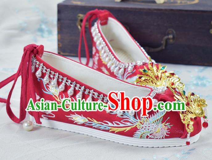 China Wedding Shoes Traditional Xiuhe Suit Red Cloth Shoes Women Golden Phoenix Shoes