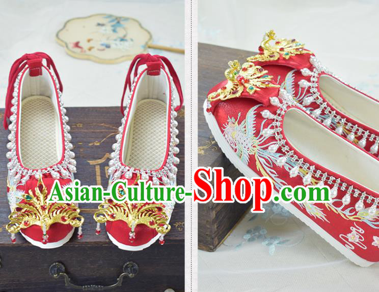 China Wedding Shoes Traditional Xiuhe Suit Red Cloth Shoes Women Golden Phoenix Shoes