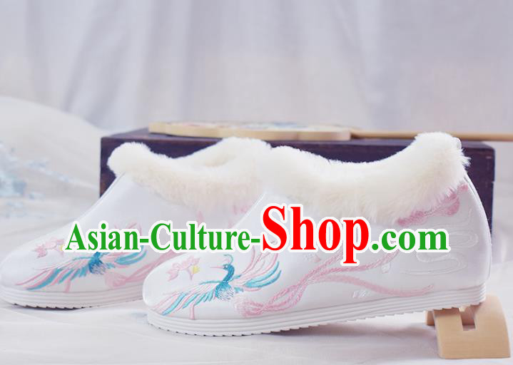 China Traditional Wedding Shoes National Embroidered Phoenix Shoes White Cloth Shoes
