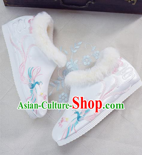 China Traditional Wedding Shoes National Embroidered Phoenix Shoes White Cloth Shoes
