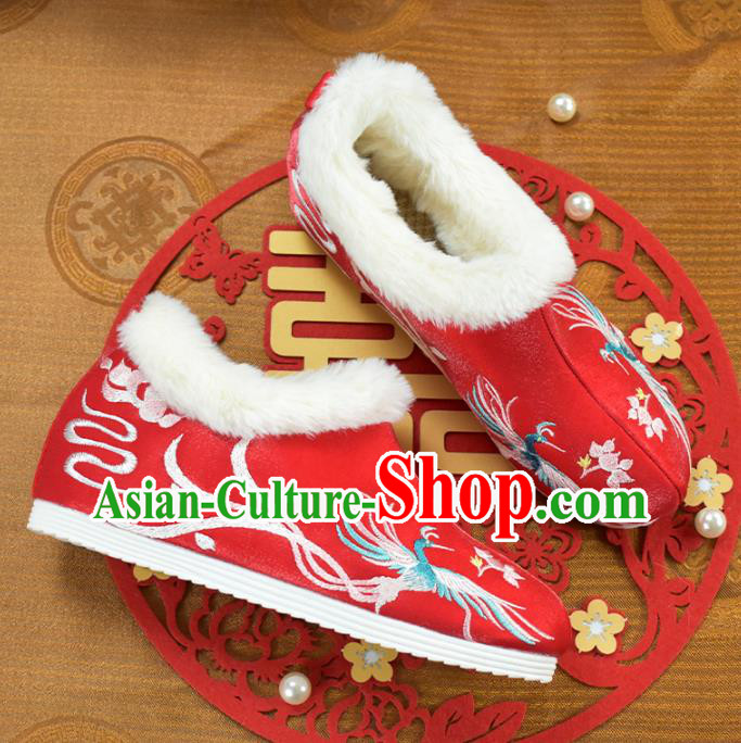 China National Embroidered Phoenix Shoes Red Cloth Shoes Traditional Wedding Shoes