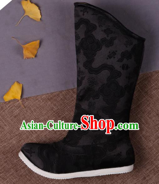 Chinese Ancient Swordsman Shoes Handmade Traditional Ming Dynasty Imperial Guard Black Brocade Boots