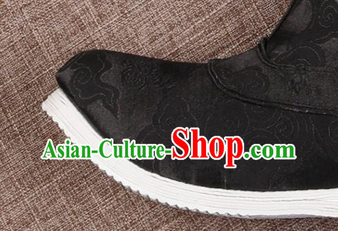 Chinese Ancient Swordsman Shoes Handmade Traditional Ming Dynasty Imperial Guard Black Brocade Boots