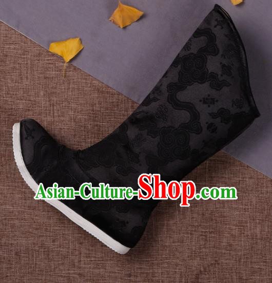 Chinese Ancient Swordsman Shoes Handmade Traditional Ming Dynasty Imperial Guard Black Brocade Boots