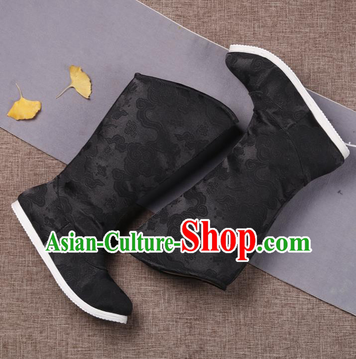 Chinese Ancient Swordsman Shoes Handmade Traditional Ming Dynasty Imperial Guard Black Brocade Boots