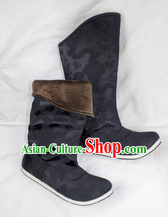 Chinese Ancient Swordsman Shoes Handmade Traditional Ming Dynasty Imperial Guard Black Brocade Boots