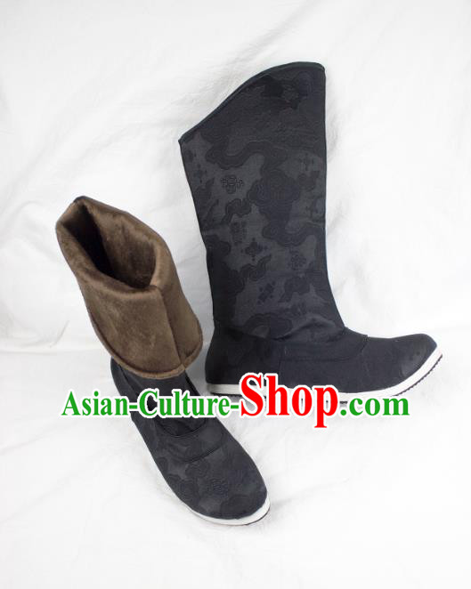 Chinese Ancient Swordsman Shoes Handmade Traditional Ming Dynasty Imperial Guard Black Brocade Boots