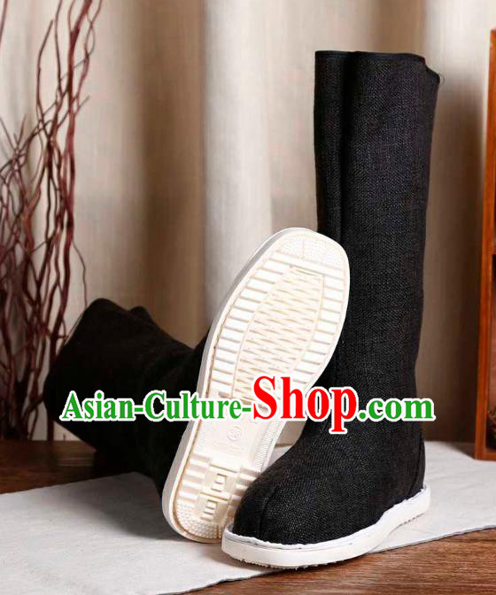 Chinese Handmade Traditional Ming Dynasty Young Hero Black Flax Boots Ancient Swordsman Shoes