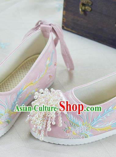 China Wedding Beads Tassel Shoes Traditional Xiuhe Suit Shoes Women Pink Embroidered Shoes