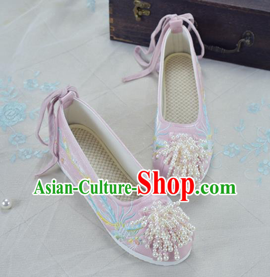 China Wedding Beads Tassel Shoes Traditional Xiuhe Suit Shoes Women Pink Embroidered Shoes