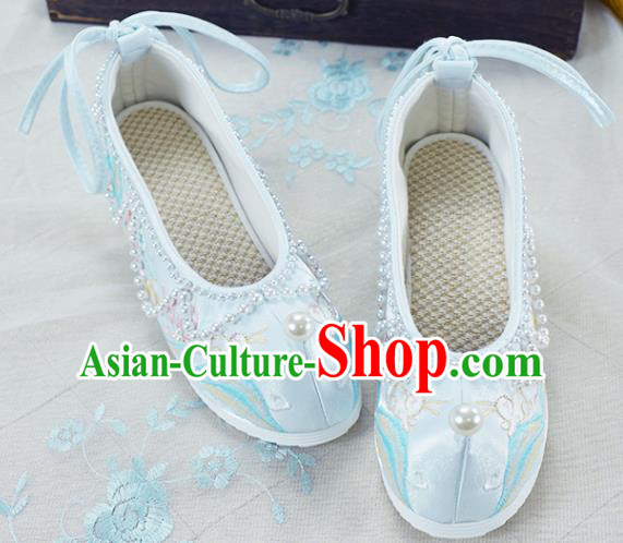 China National Beads Shoes Traditional Hanfu Shoes Women Light Blue Embroidered Shoes