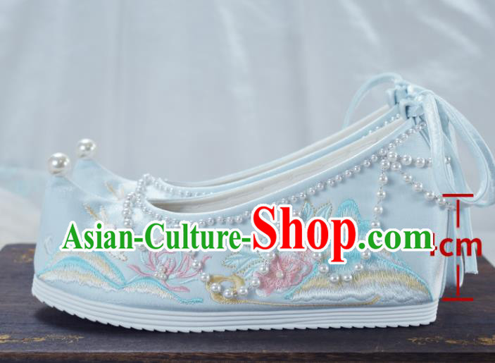China National Beads Shoes Traditional Hanfu Shoes Women Light Blue Embroidered Shoes