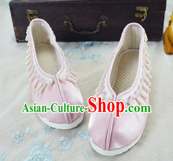China Traditional Hanfu Shoes Pink Satin Shoes National Women Shoes