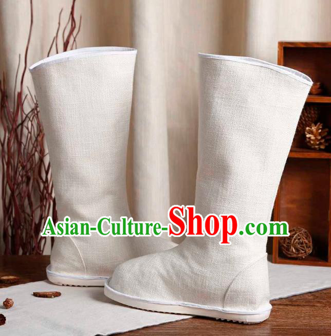Chinese Traditional Ming Dynasty White Flax Boots Handmade Ancient Young Knight Swordsman Shoes