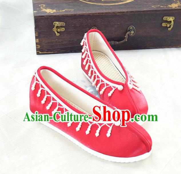 China National Women Beads Tassel Shoes Traditional Hanfu Shoes Wedding Red Satin Shoes