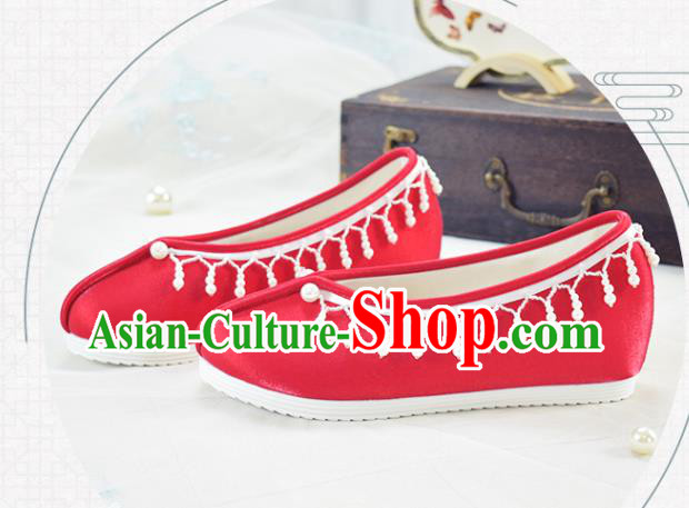 China National Women Beads Tassel Shoes Traditional Hanfu Shoes Wedding Red Satin Shoes