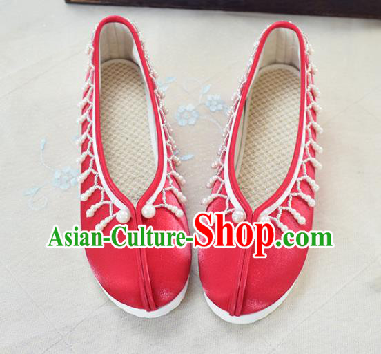 China National Women Beads Tassel Shoes Traditional Hanfu Shoes Wedding Red Satin Shoes