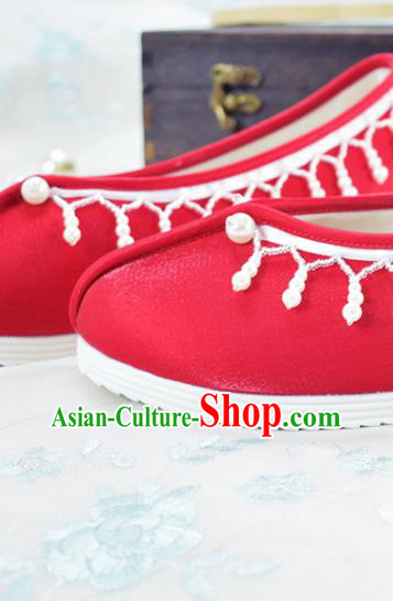 China National Women Beads Tassel Shoes Traditional Hanfu Shoes Wedding Red Satin Shoes