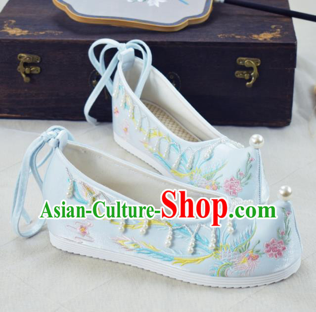 China National Beads Tassel Shoes Traditional Women Hanfu Shoes Light Blue Embroidered Shoes
