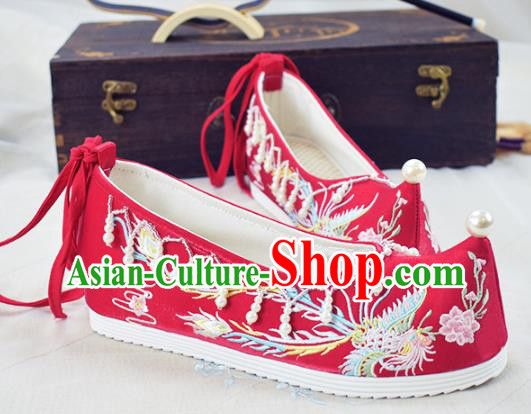 China National Wedding Beads Tassel Shoes Traditional Women Hanfu Shoes Red Embroidered Shoes