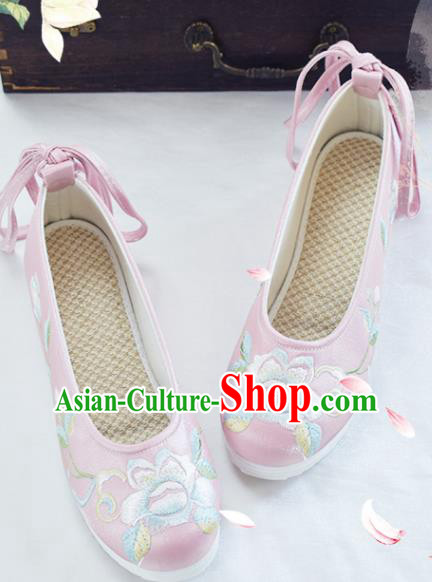China National Pink Cloth Shoes Traditional Women Hanfu Shoes Embroidered Peony Shoes