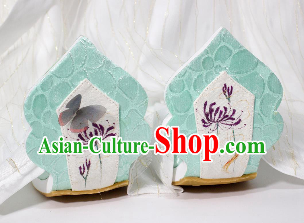 China Traditional Tang Dynasty Princess Shoes Classical Painting Manjusaka Shoes Handmade Light Green Brocade Shoes