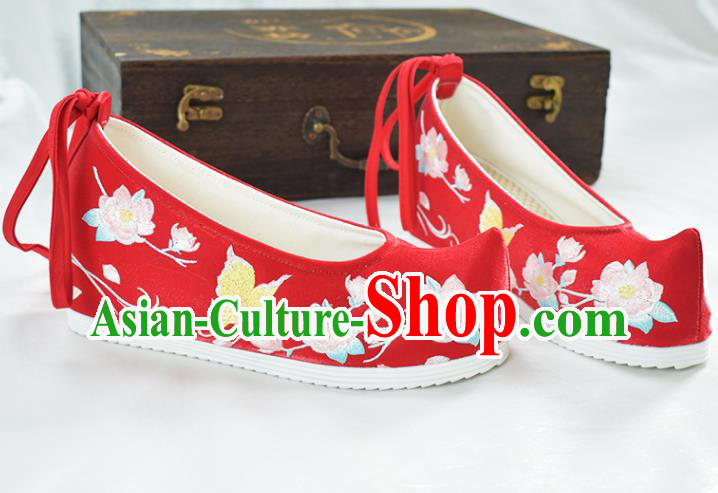China National Wedding Shoes Women Red Cloth Shoes Traditional Hanfu Bow Shoes Embroidered Peach Blossom Shoes
