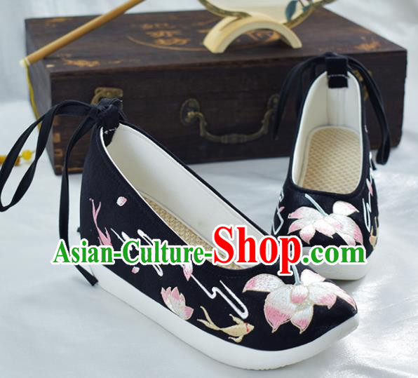 China Traditional Embroidered Lotus Shoes Women Black Satin Shoes National Shoes