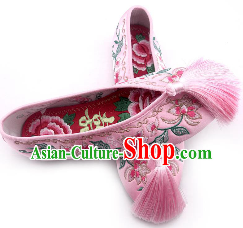 China Classical Bride Shoes Wedding Pink Satin Shoes Traditional Embroidered Flowers Shoes
