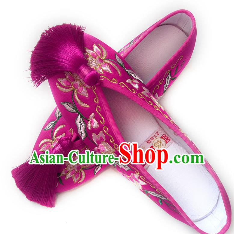 China Traditional Wedding Rosy Satin Shoes Embroidered Flowers Shoes Classical Xiu He Shoes