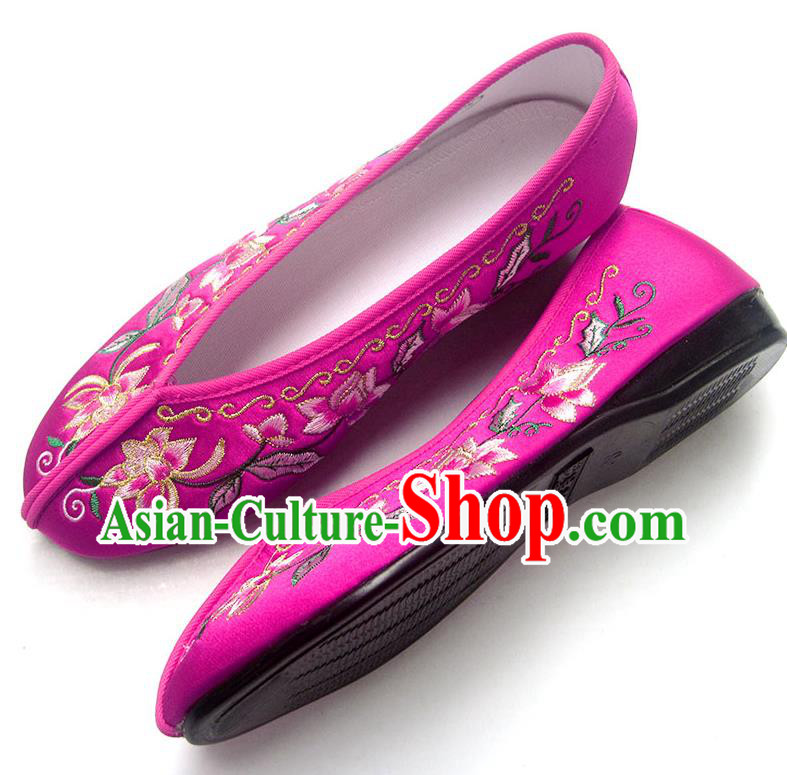 China National Shoes Traditional Rosy Satin Shoes Embroidered Flowers Shoes