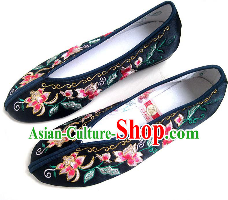 China National Wedding Shoes Traditional Xiu He Navy Blue Satin Shoes Embroidered Flowers Shoes