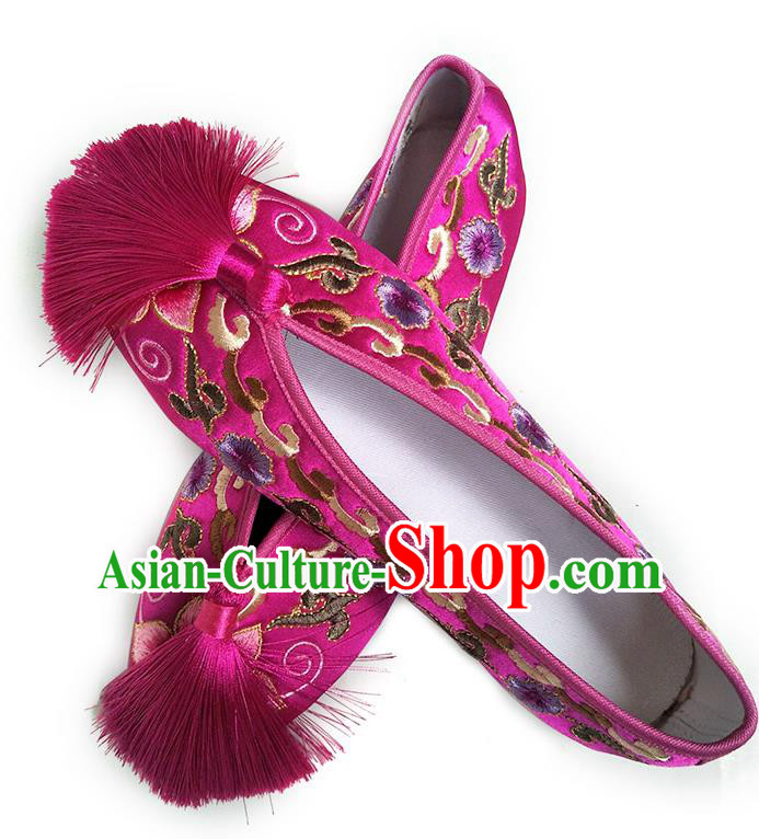 China National Women Shoes Embroidered Plum Blossom Rosy Satin Shoes Traditional Wedding Shoes