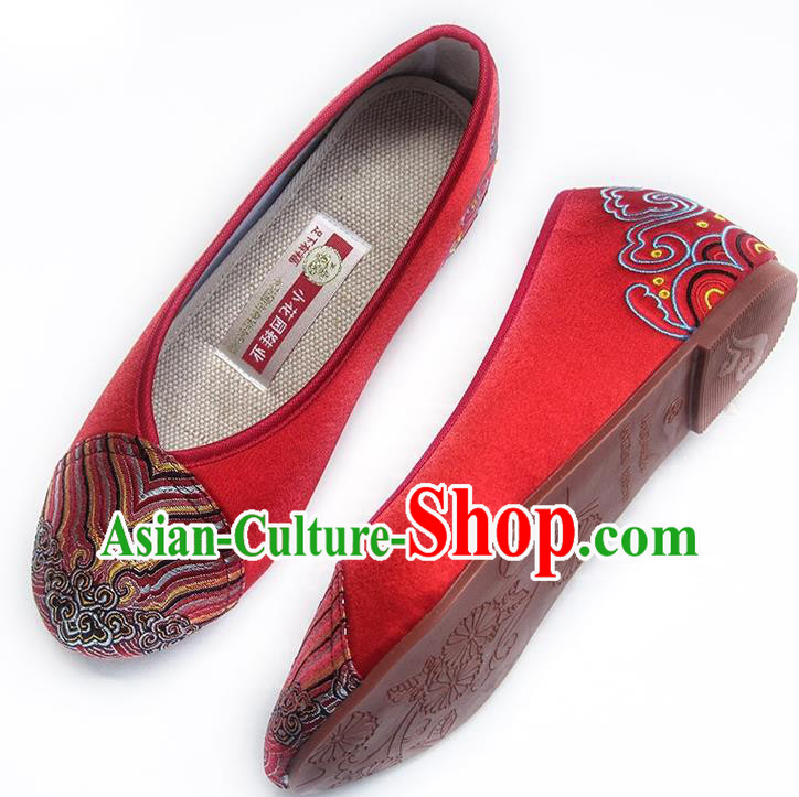 China Traditional Bride Shoes National Women Shoes Embroidered Red Satin Shoes