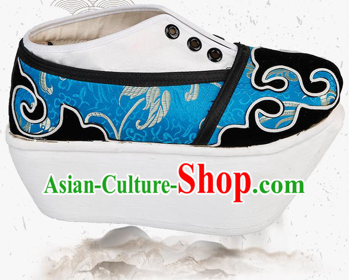 Chinese Traditional Beijing Opera Niche Shoes Handmade Ancient Scholar Blue Brocade Shoes