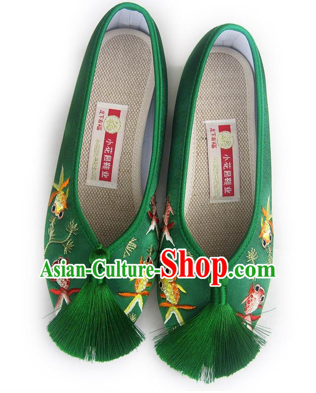 China Embroidered Goldfish Shoes National Shoes Traditional Green Satin Shoes